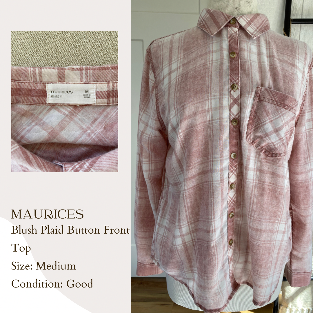 Maurices Blush Plaid Button Front Top