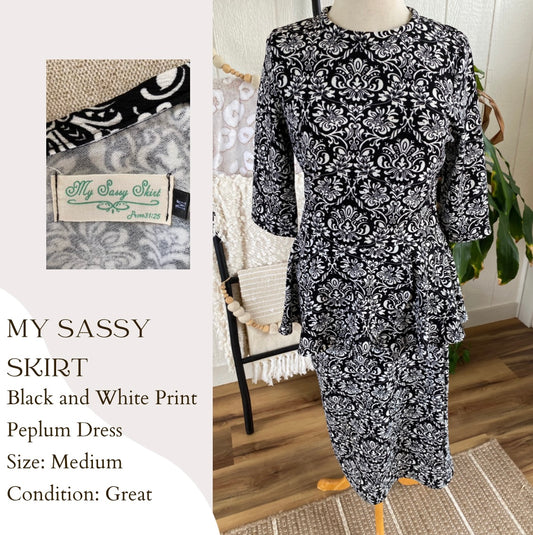 My Sassy Skirt Black and White Print Peplum Dress