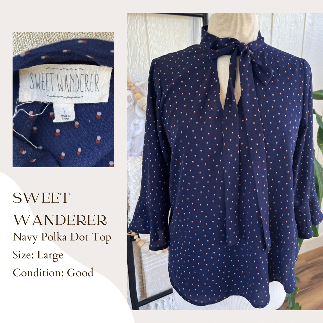 Sweet Wanderer Navy Polka Dot Top