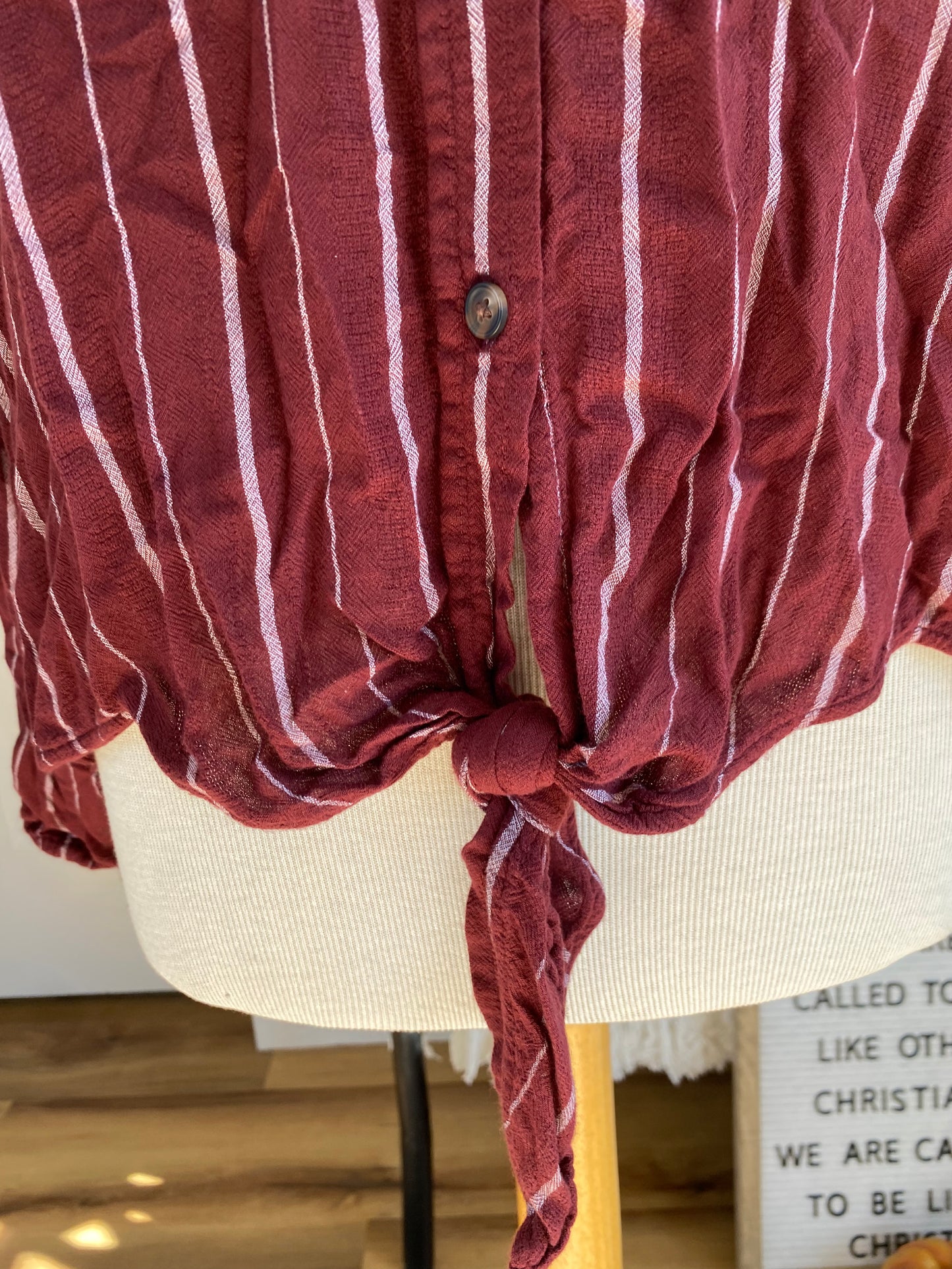 American Eagle Burgundy Stripe Top With Tie Waist