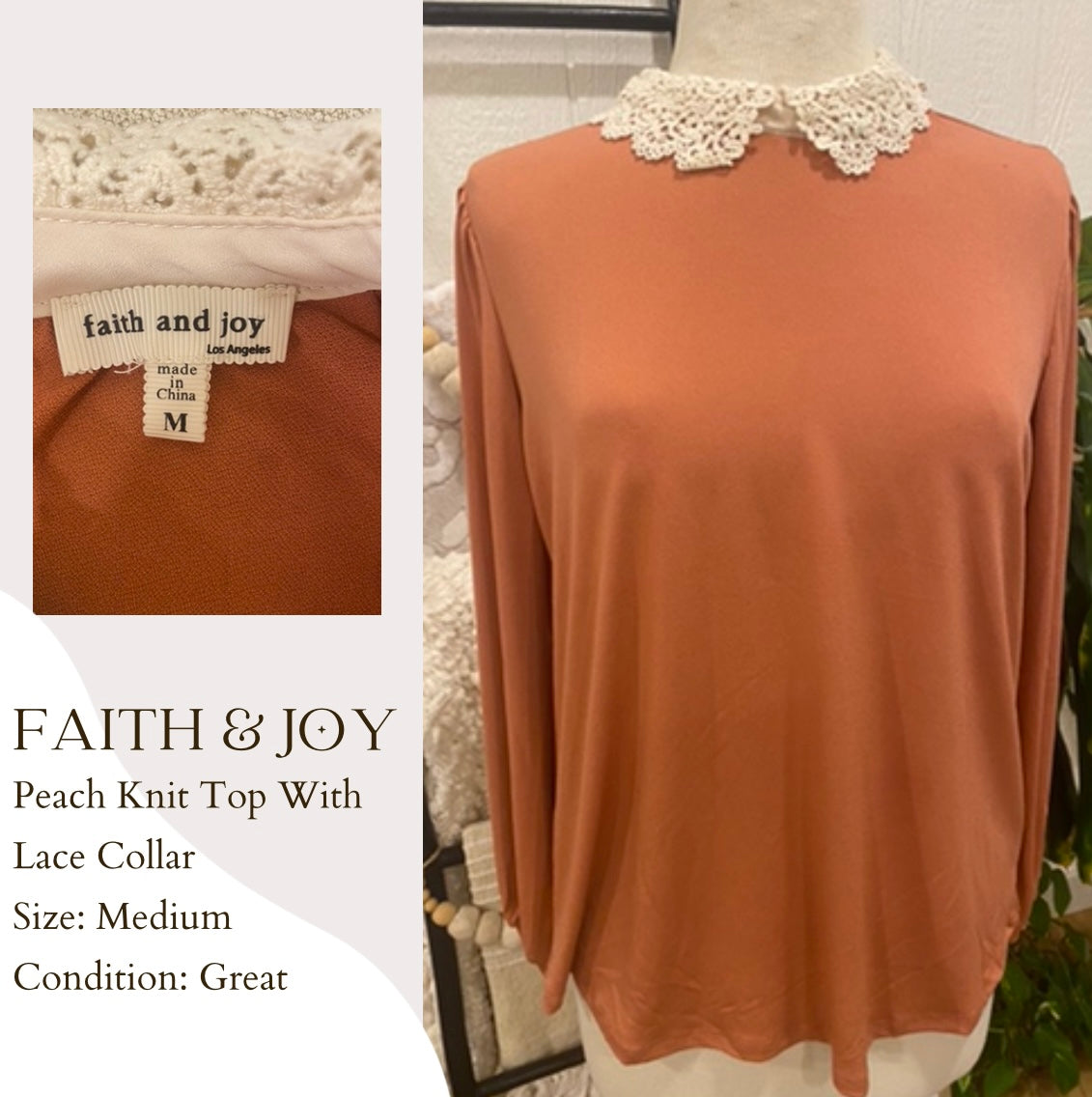 Faith & Joy Peach Knit Top With Lace Collar