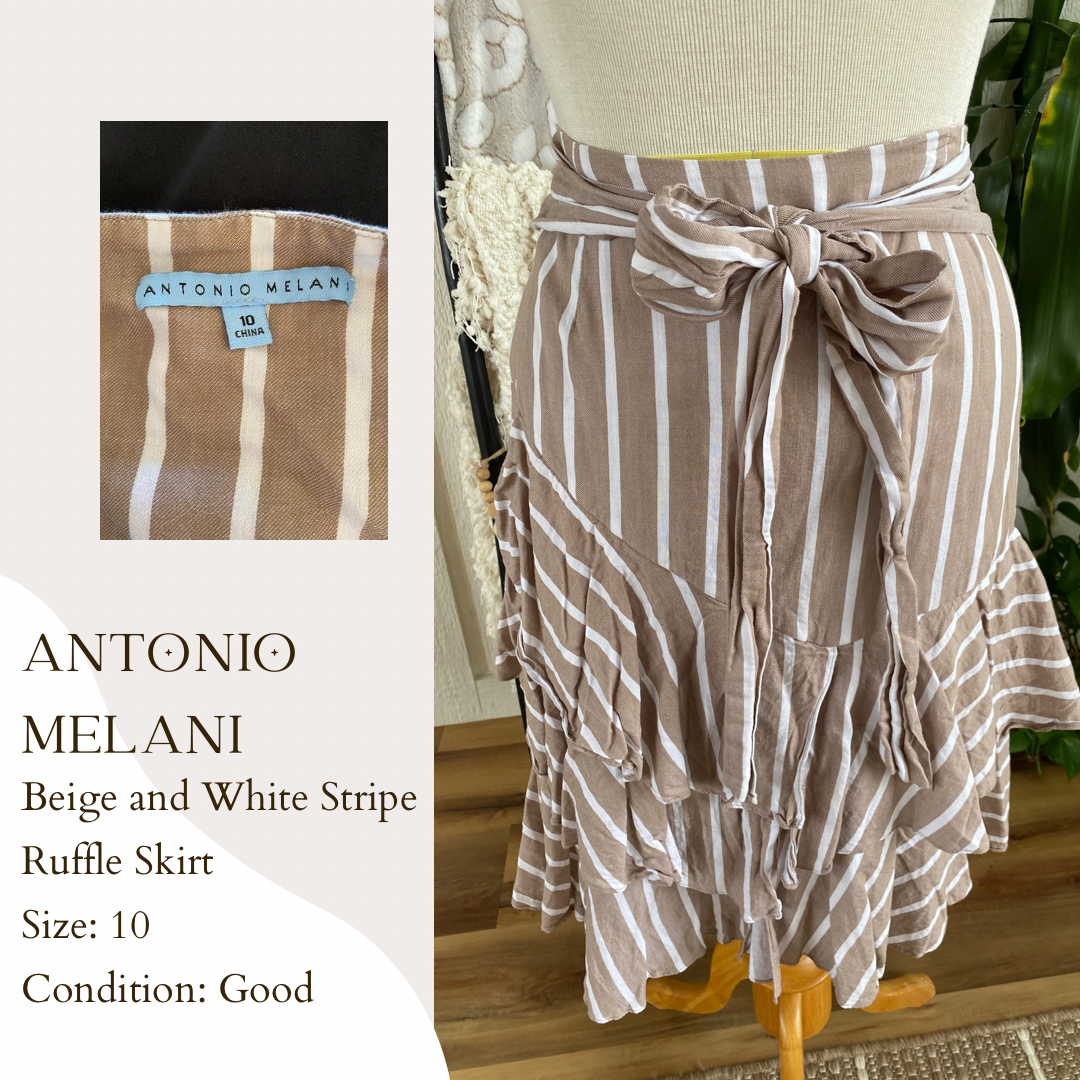 Antonio Melani Beige and White Stripe Ruffle Skirt