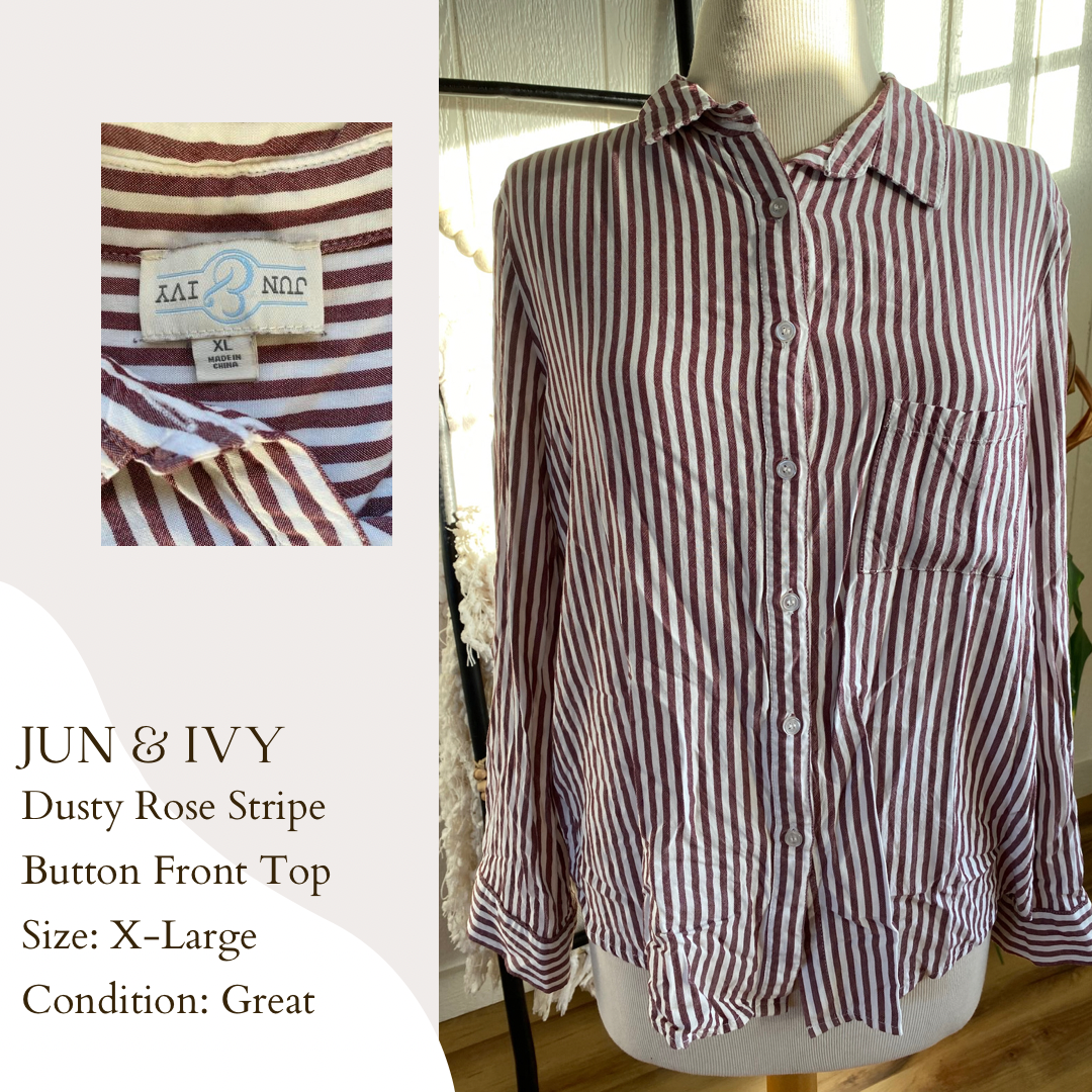 Jun & Ivy Dusty Rose Stripe Button Front Top