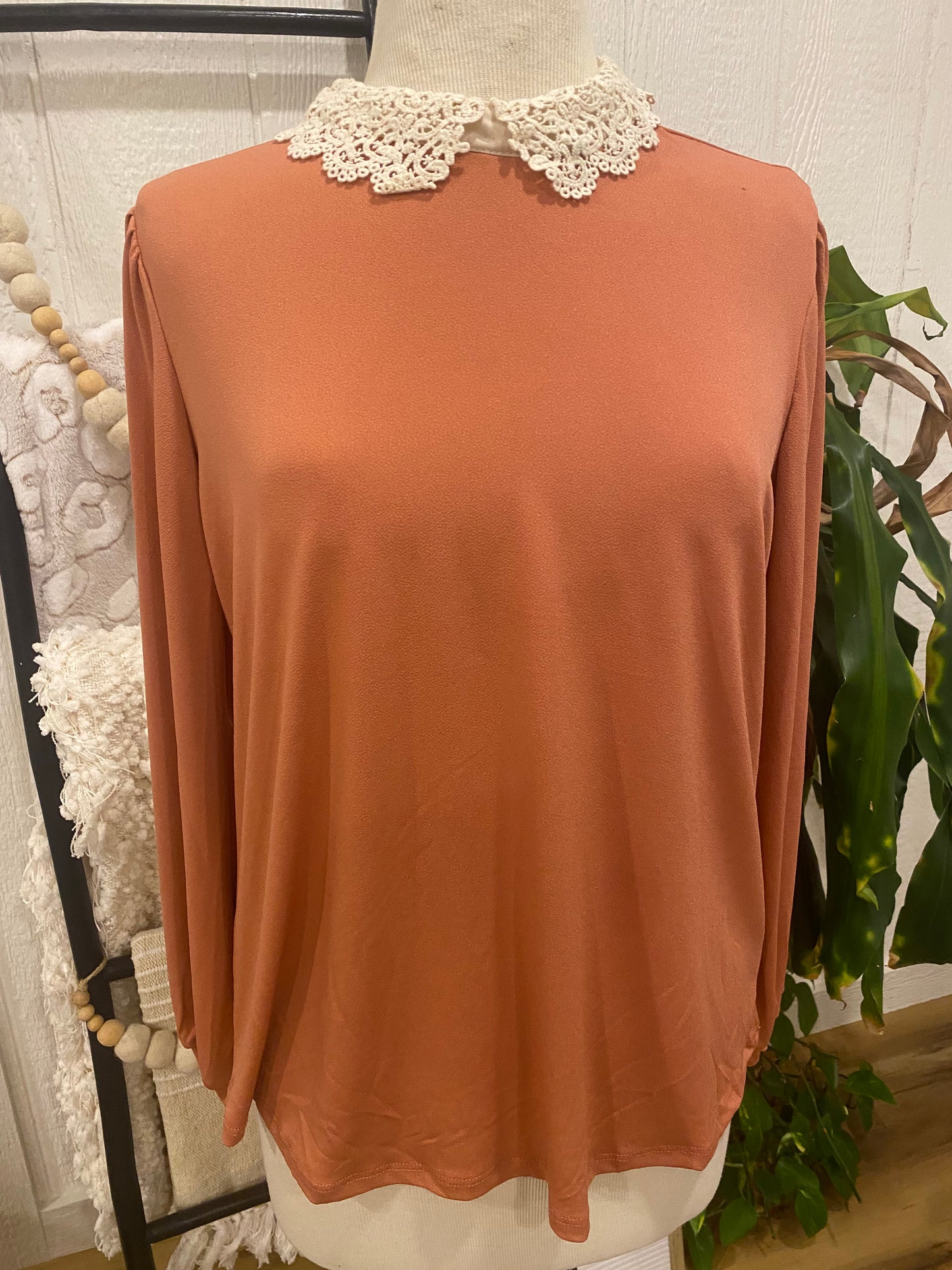 Faith & Joy Peach Knit Top With Lace Collar