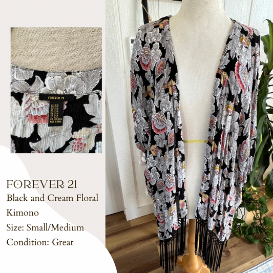 Forever 21 Black and Cream Floral Kimono