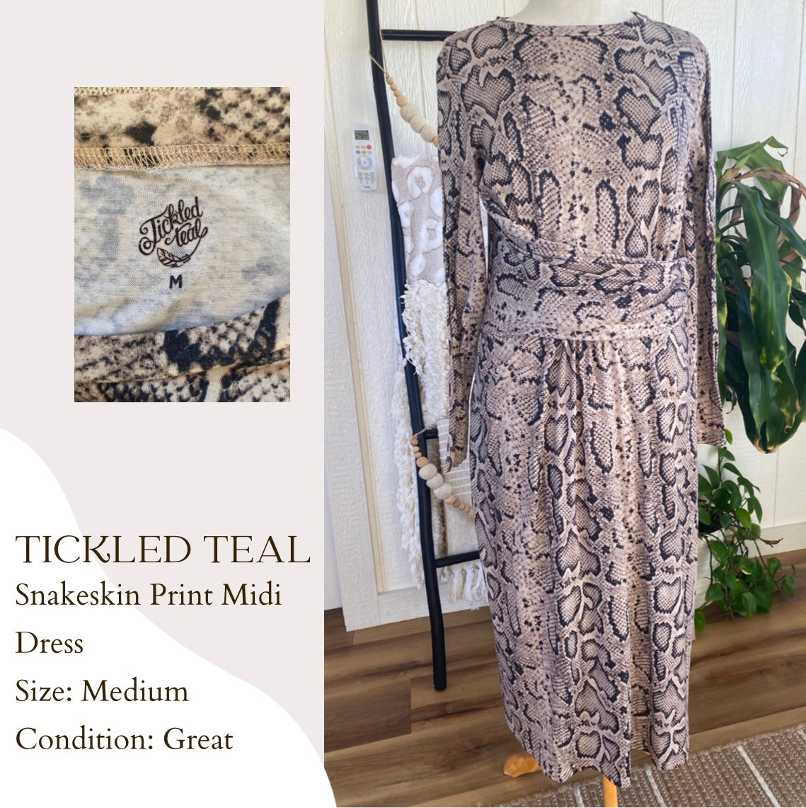 Tickled Teal Snakeskin Print Midi Dress