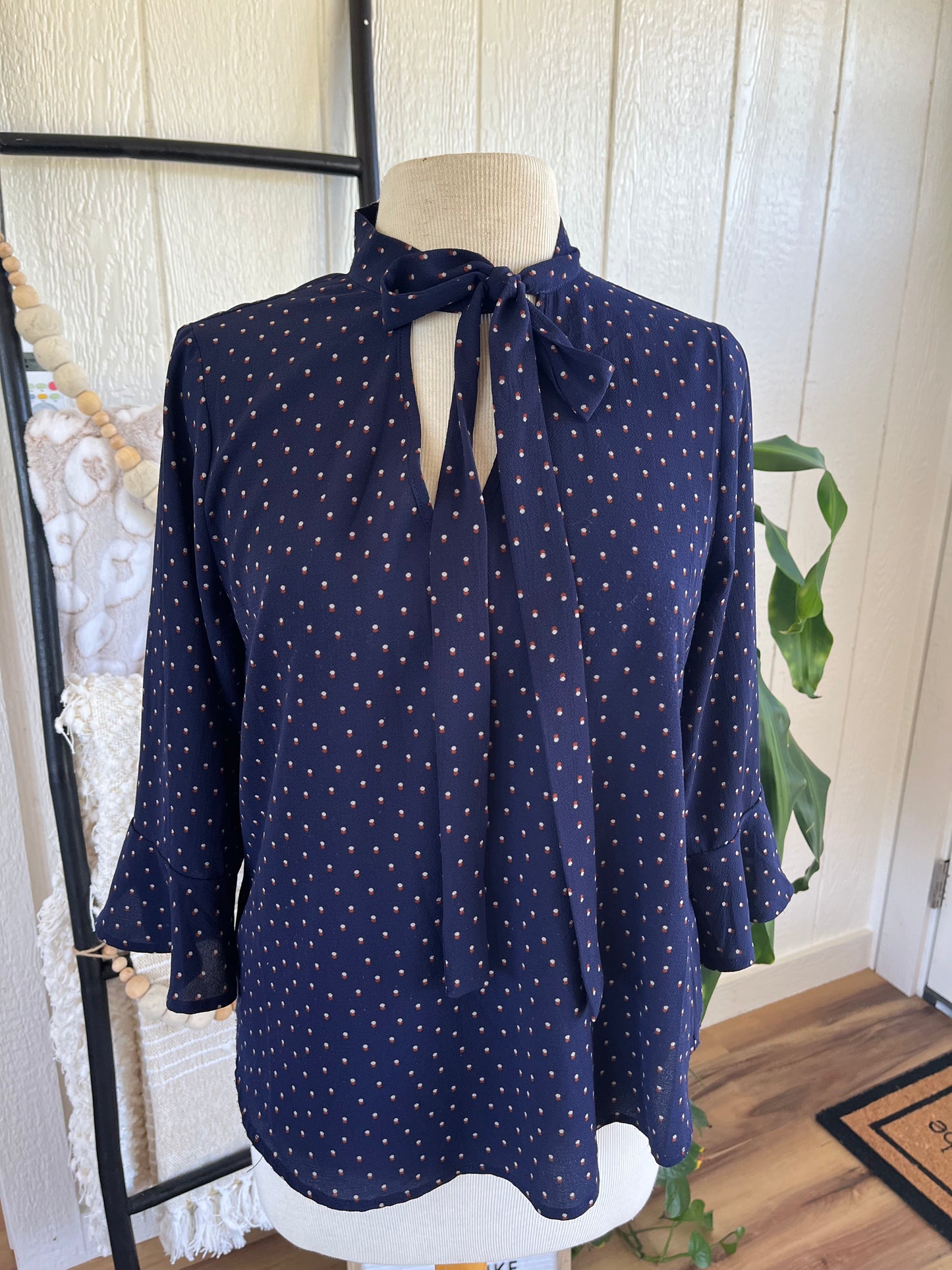 Sweet Wanderer Navy Polka Dot Top