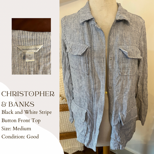 Christopher & Banks Black and White Stripe Button Front Top