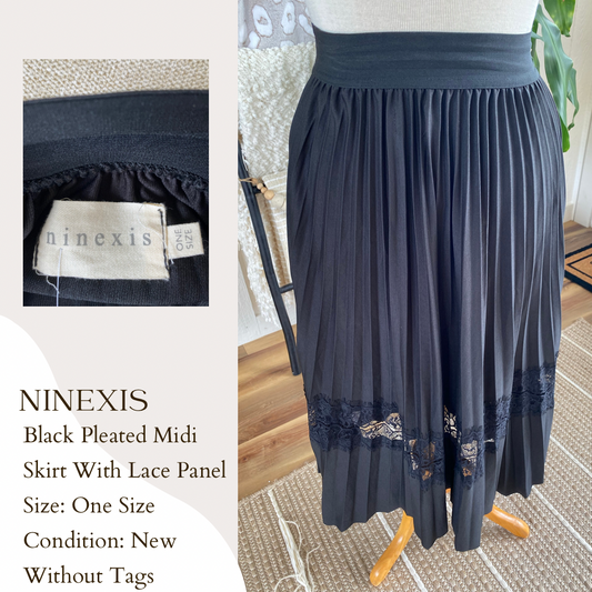 Ninexis Black Pleated Midi Skirt With Lace Panel