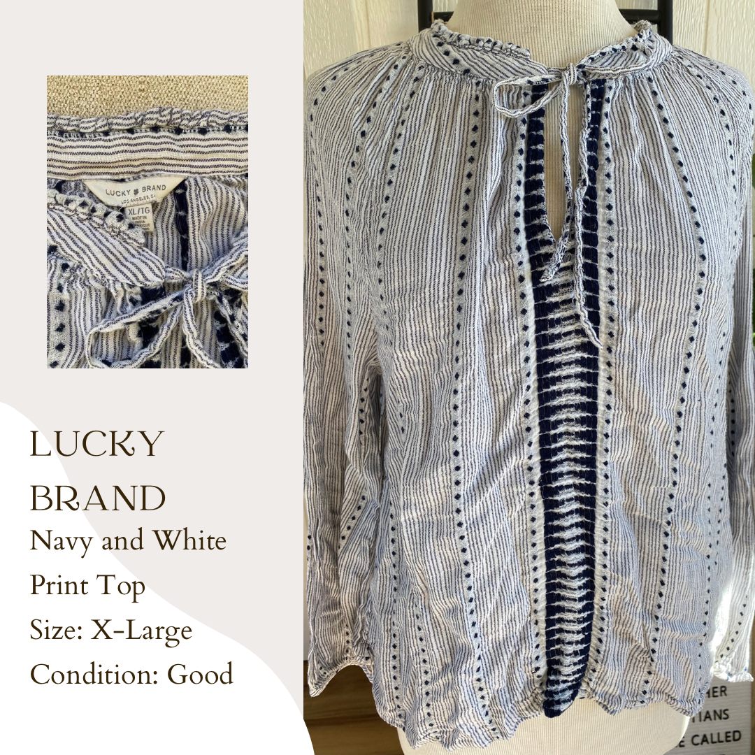 Lucky Brand Navy and White Print Top