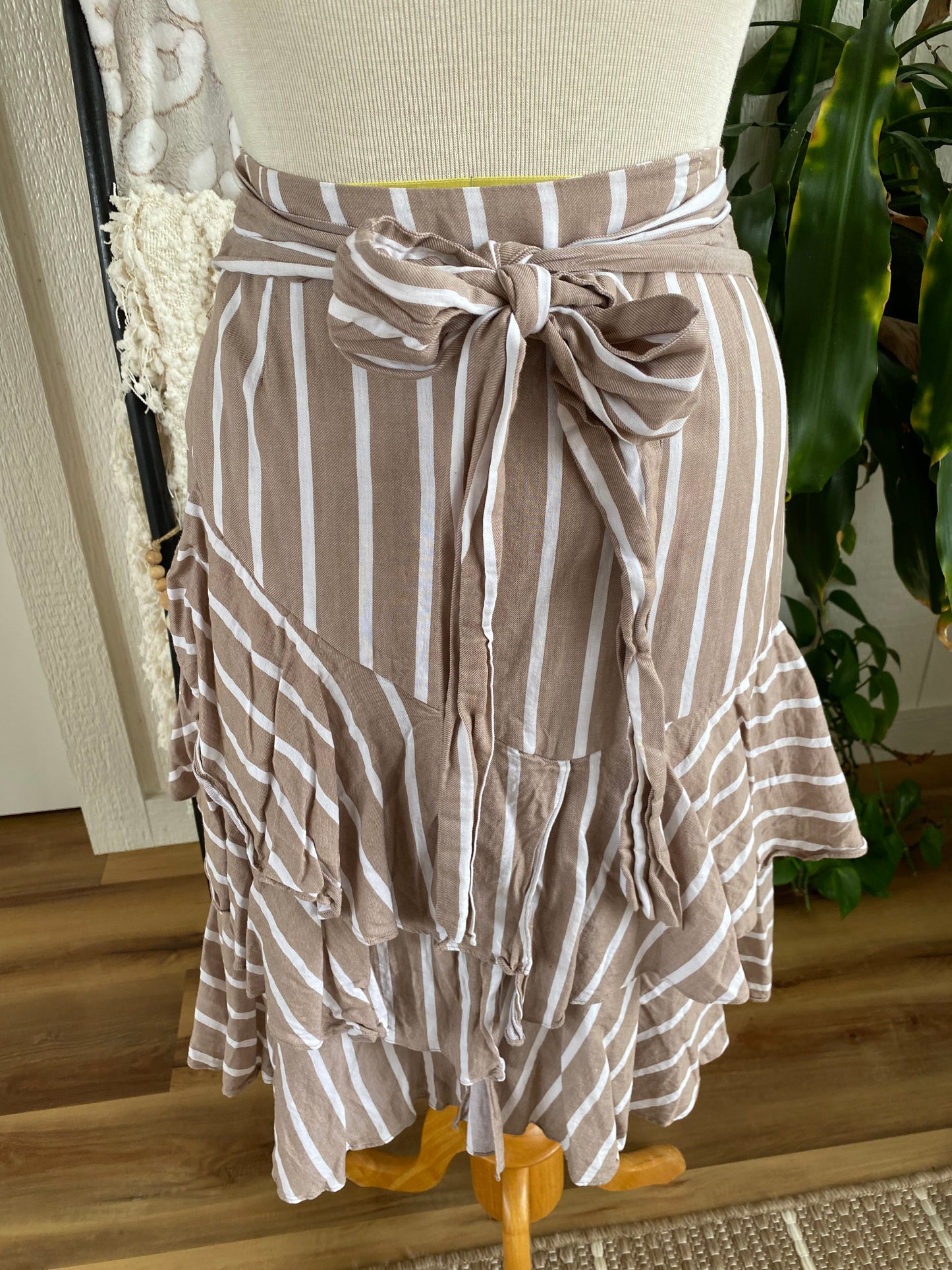 Antonio Melani Beige and White Stripe Ruffle Skirt