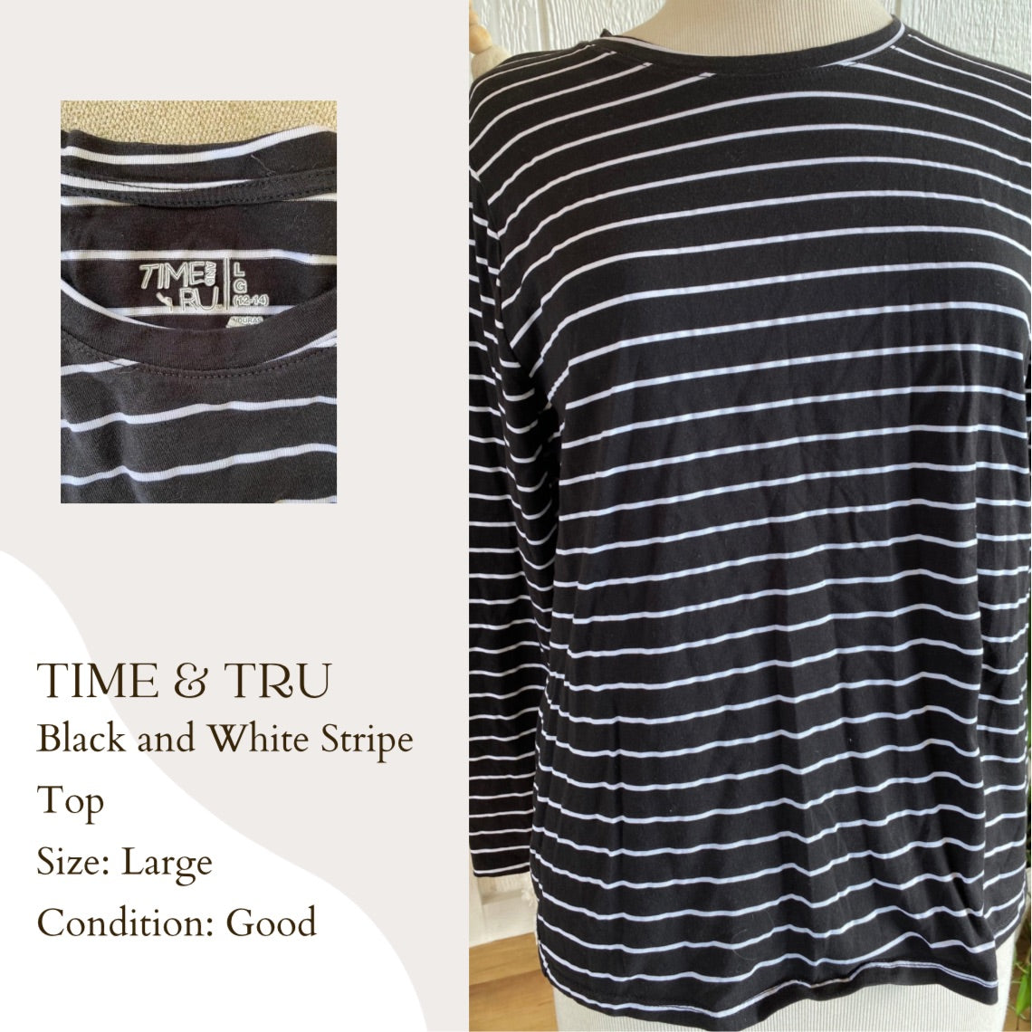 Time & Tru Black and White Stripe Top