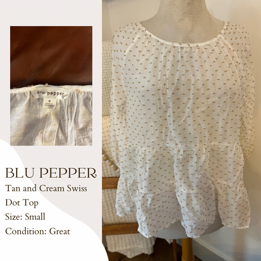 Blu Pepper Tan and Cream Swiss Dot Top