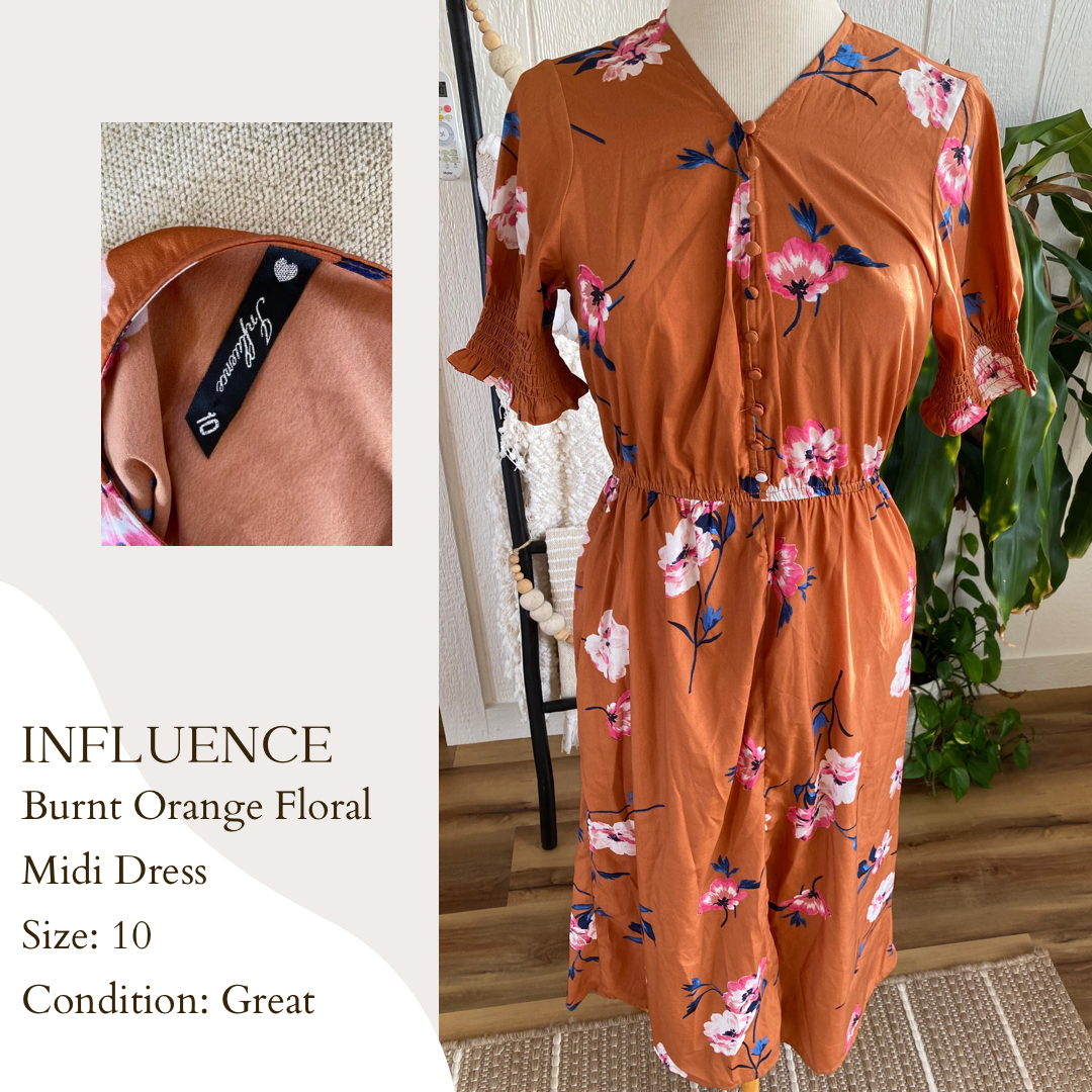 Influence Burnt Orange Floral Midi Dress