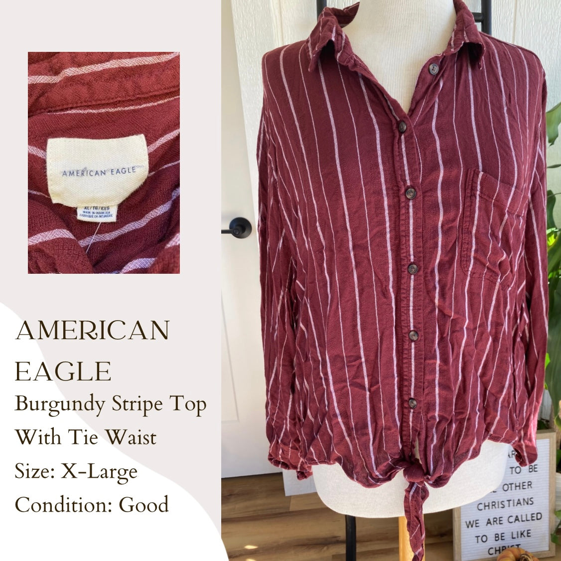 American Eagle Burgundy Stripe Top With Tie Waist