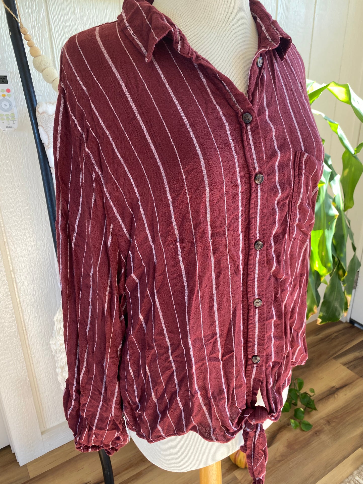 American Eagle Burgundy Stripe Top With Tie Waist