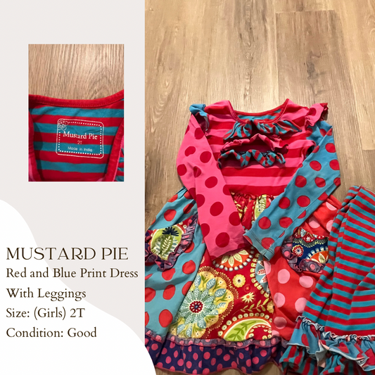 Mustard Pie Red and Blue Print Dress With Leggings