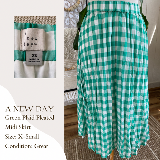 A New Day Green Plaid Pleated Midi Skirt