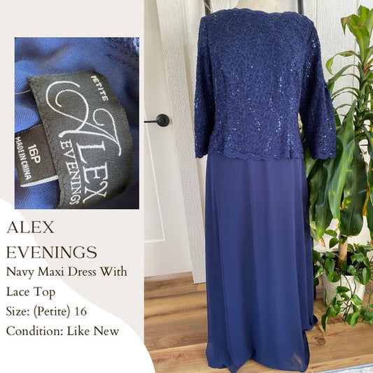 Alex Evenings Navy Maxi Dress With Lace Top