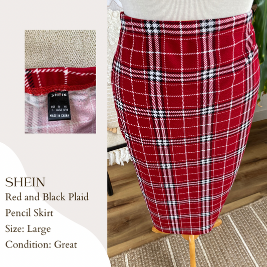 Shein Red and Black Plaid Pencil Skirt