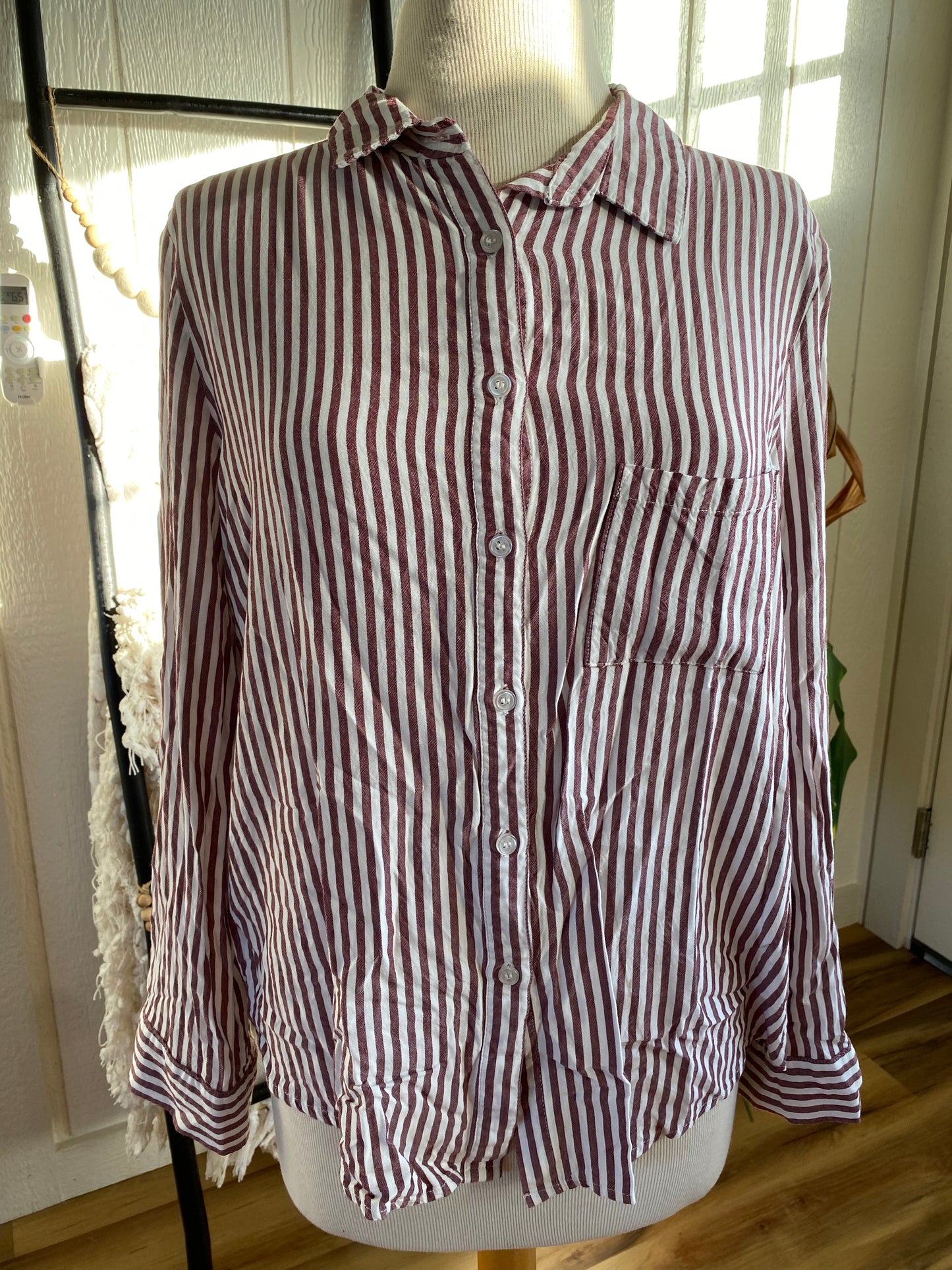 Jun & Ivy Dusty Rose Stripe Button Front Top